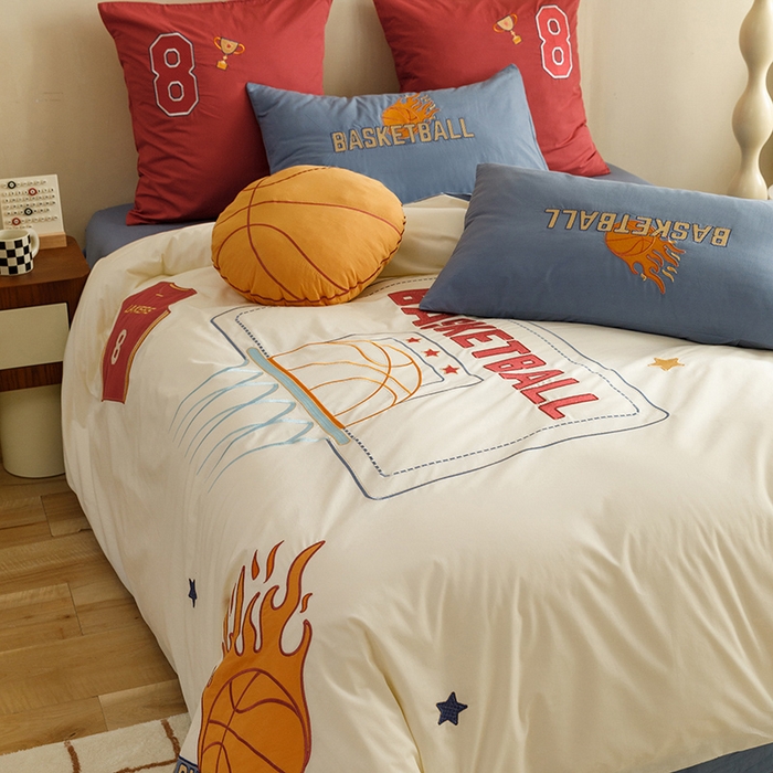 91家纺网 家纺一手货源 找家纺 （总）绒梦里2025款A类纯棉水洗棉贴布绣四件套全棉卡通儿童三件套上下铺床套件--篮球系列