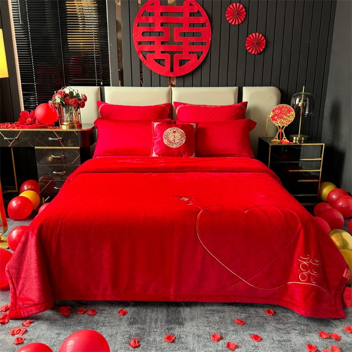 91家纺网 家纺一手货源 找家纺 2024新款仿皮草兔绒精品绣花毛毯毯子 心里有约-大红