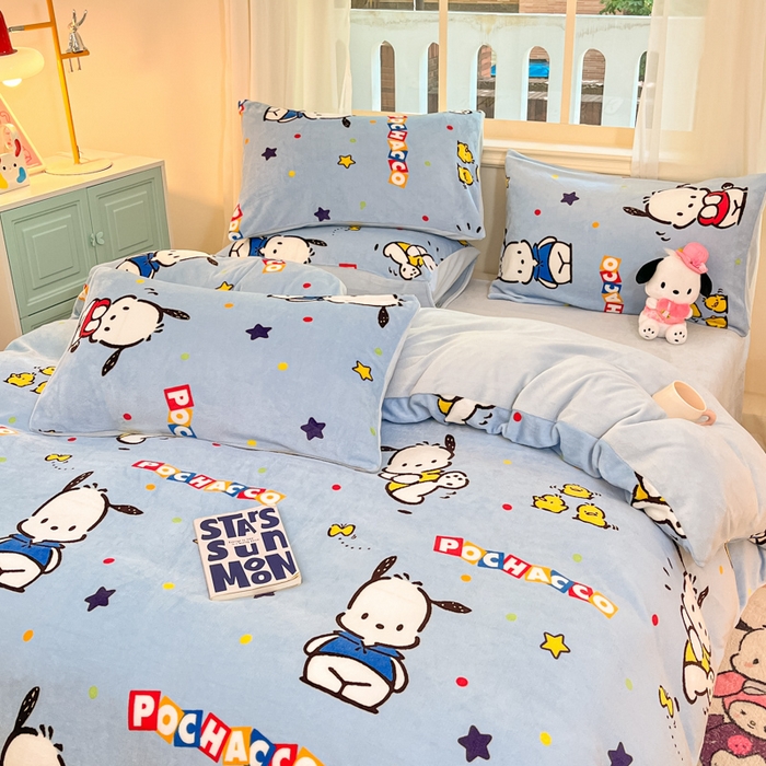 91家纺网 家纺一手货源 找家纺 2024新品正版三丽鸥授权卡通加厚高克重牛奶绒系列四件套 绒三丽鸥-趣味帕恰狗