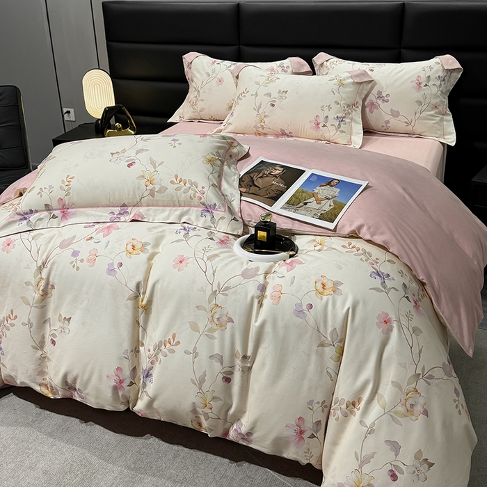 91家纺网 家纺一手货源 找家纺 2024新款A类全棉磨毛数码印花系列四件套 美兮浅香粉