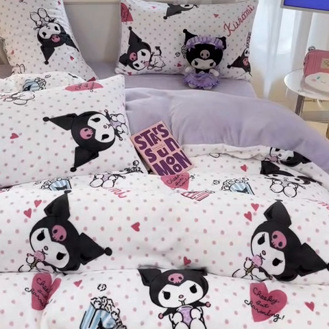 91家纺网 家纺一手货源 找家纺 2024新品正版三丽鸥授权卡通加厚高克重牛奶绒系列四件套 绒三丽鸥-奶油库洛米