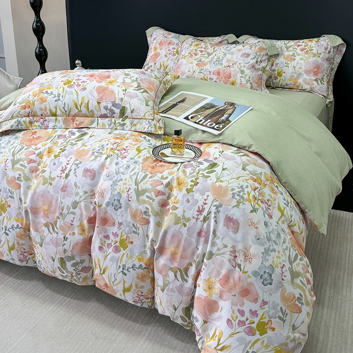 91家纺网 家纺一手货源 找家纺 2024新款A类全棉磨毛数码印花系列四件套 春日油彩米