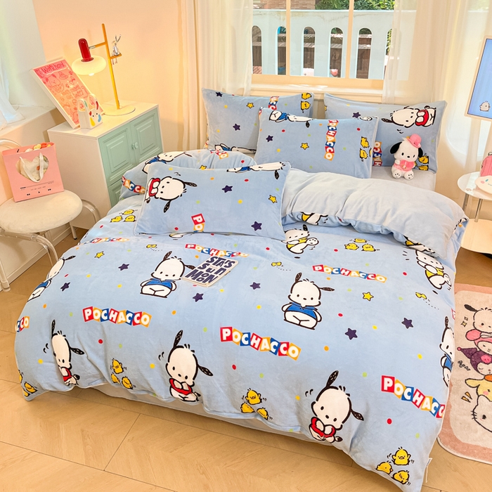 91家纺网 家纺一手货源 找家纺 2024新品正版三丽鸥授权卡通加厚高克重牛奶绒系列四件套 绒三丽鸥-趣味帕恰狗