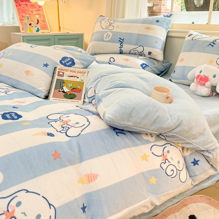 91家纺网 家纺一手货源 找家纺 2024新品正版三丽鸥授权卡通加厚高克重牛奶绒系列四件套 绒三丽鸥-蓝蓝玉桂狗