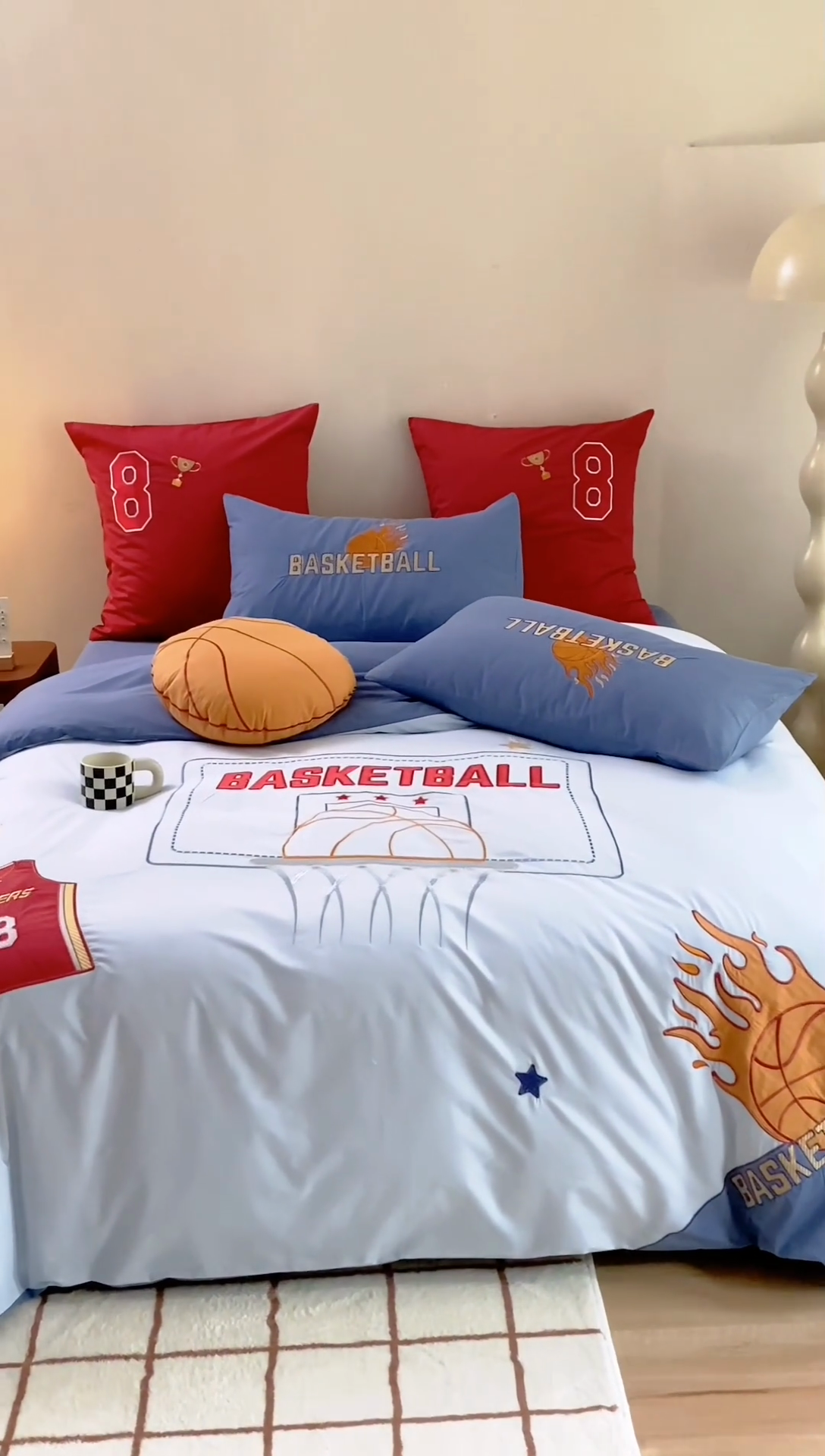 91家纺网 家纺一手货源 找家纺 绒梦里 2024新款全棉A类40s水洗棉贴布绣花四件套-篮球系列 挚爱篮球-浅蓝