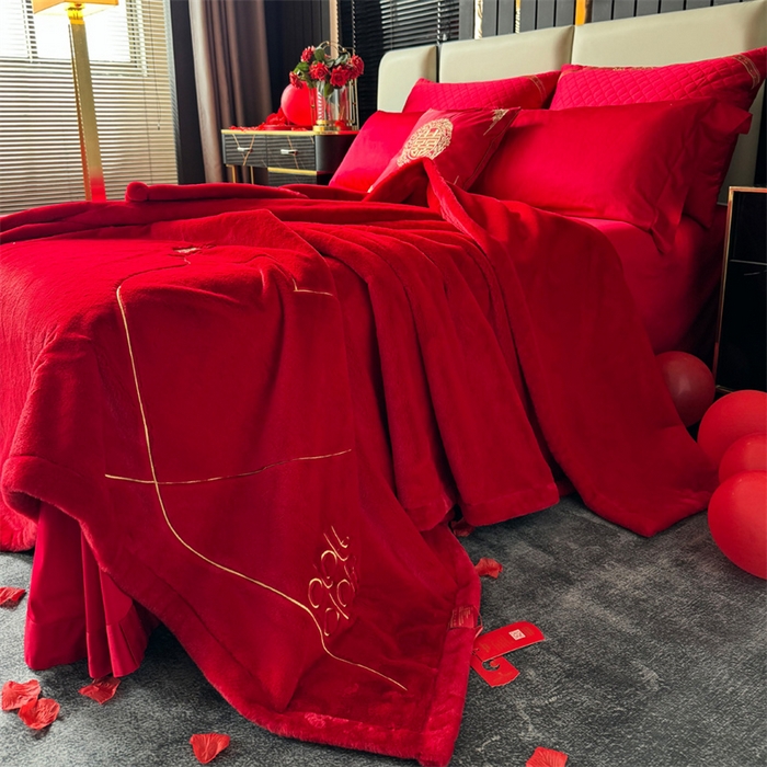 91家纺网 家纺一手货源 找家纺 2024新款仿皮草兔绒精品绣花毛毯毯子 心里有约-大红