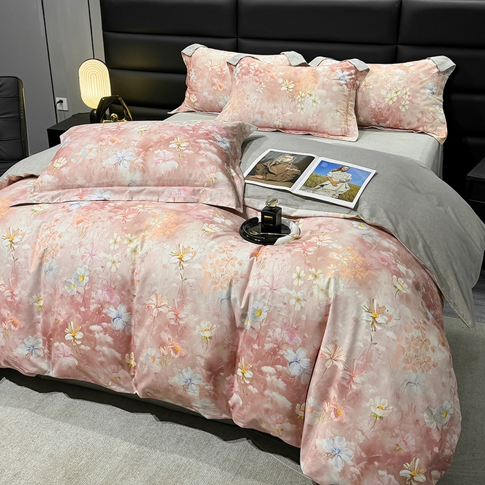 91家纺网 家纺一手货源 找家纺 2024新款A类全棉磨毛数码印花系列四件套 莉丽丝粉