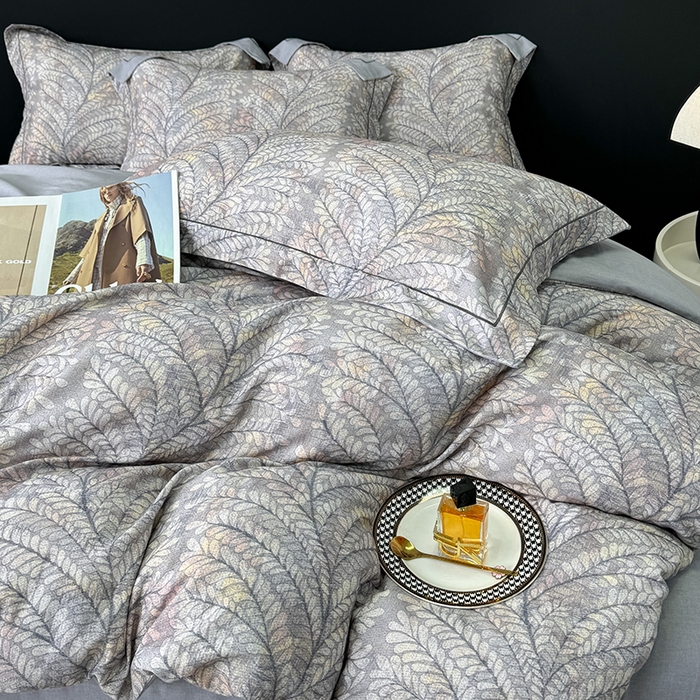 91家纺网 家纺一手货源 找家纺 2024新款A类全棉磨毛数码印花系列四件套 麦穗花期灰