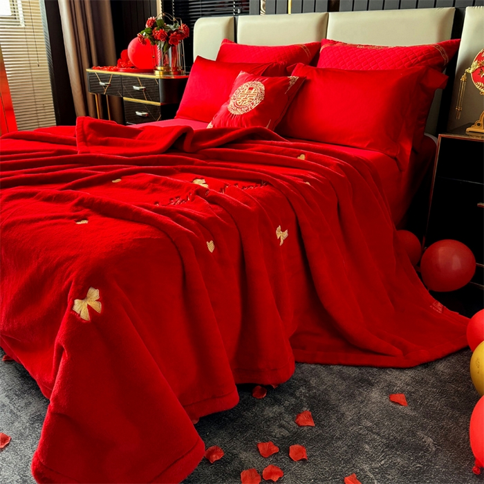 91家纺网 家纺一手货源 找家纺 2024新款仿皮草兔绒精品绣花毛毯毯子 蝴蝶结-大红