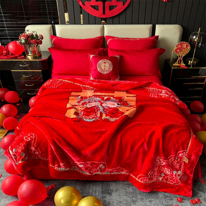 91家纺网 家纺一手货源 找家纺 2024新款婚庆双层高密云毛毯毯子 喜从天降