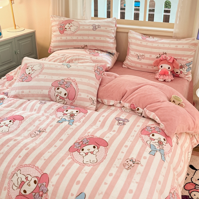91家纺网 家纺一手货源 找家纺 2024新品正版三丽鸥授权卡通加厚高克重牛奶绒系列四件套 绒三丽鸥-粉梦美乐蒂