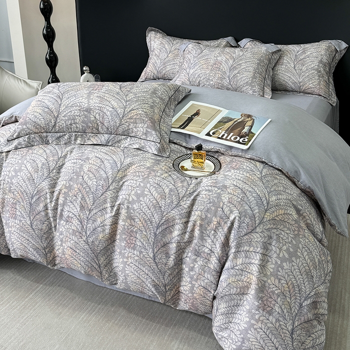 91家纺网 家纺一手货源 找家纺 2024新款A类全棉磨毛数码印花系列四件套 麦穗花期灰