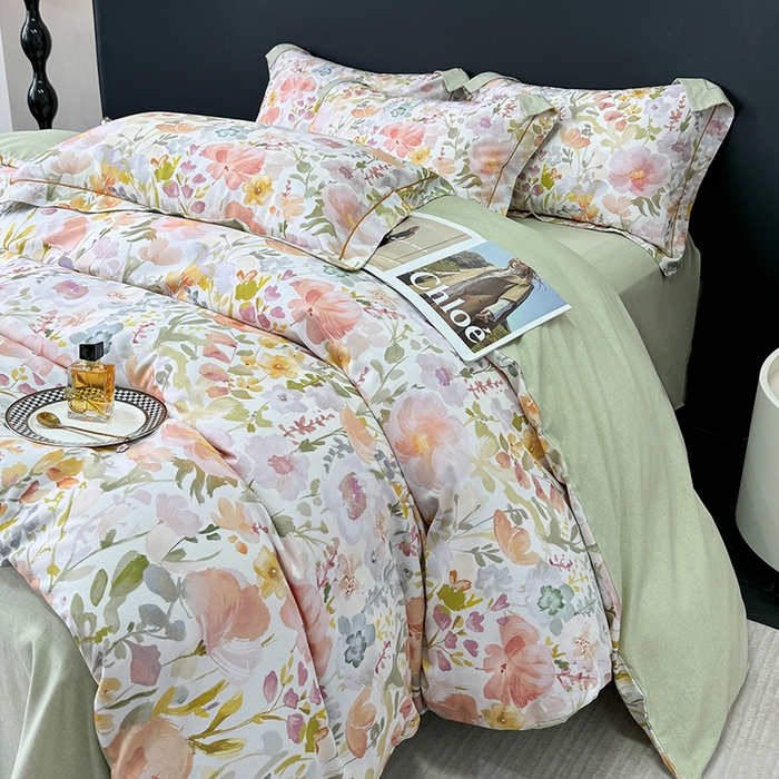 91家纺网 家纺一手货源 找家纺 2024新款A类全棉磨毛数码印花系列四件套 春日油彩米