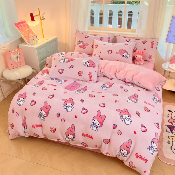 91家纺网 家纺一手货源 找家纺 2024新品正版三丽鸥授权卡通加厚高克重牛奶绒系列四件套 绒三丽鸥-莓莓美乐蒂