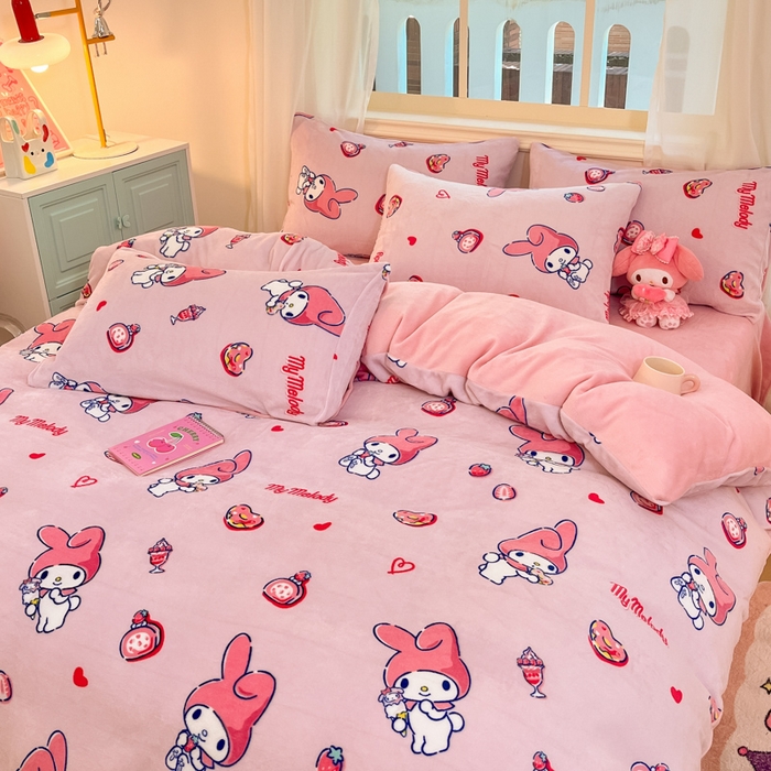 91家纺网 家纺一手货源 找家纺 2024新品正版三丽鸥授权卡通加厚高克重牛奶绒系列四件套 绒三丽鸥-莓莓美乐蒂