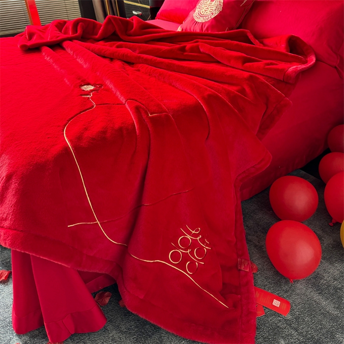 91家纺网 家纺一手货源 找家纺 2024新款仿皮草兔绒精品绣花毛毯毯子 心里有约-大红