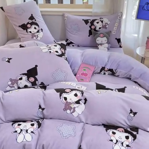 91家纺网 家纺一手货源 找家纺 2024新品正版三丽鸥授权卡通加厚高克重牛奶绒系列四件套 绒三丽鸥-蓝星库洛米