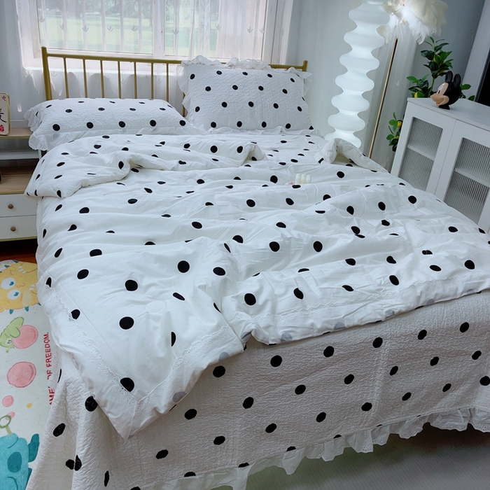 91家纺网 家纺一手货源 找家纺 暖居 2024新款春秋被床盖四件套 波点白