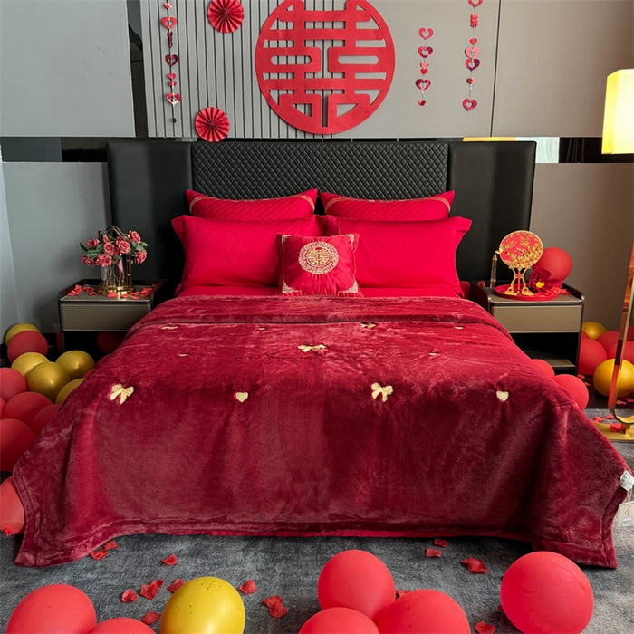 91家纺网 家纺一手货源 找家纺 2024新款仿皮草兔绒精品绣花毛毯毯子 蝴蝶结-酒红