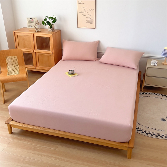 91家纺网 家纺一手货源 找家纺 多品 2024新款水洗棉皱皱纱单品床笠 栗子粉