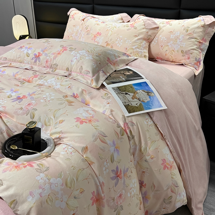 91家纺网 家纺一手货源 找家纺 2024新款A类全棉磨毛数码印花系列四件套 科莫花园粉