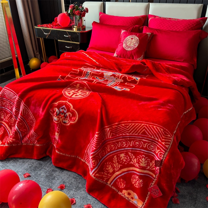 91家纺网 家纺一手货源 找家纺 2024新款婚庆双层高密云毛毯毯子 喜上加喜