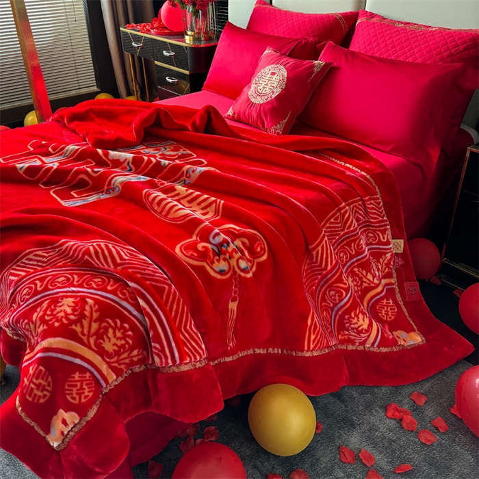 91家纺网 家纺一手货源 找家纺 2024新款婚庆双层高密云毛毯毯子 喜上加喜