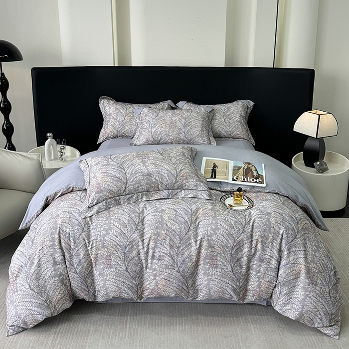 91家纺网 家纺一手货源 找家纺 2024新款A类全棉磨毛数码印花系列四件套 麦穗花期灰