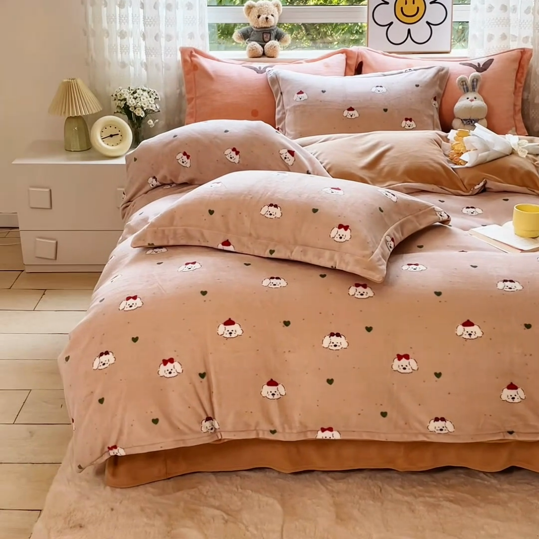 91家纺网 家纺一手货源 找家纺 锦罗绣 2024新款加厚牛奶绒四件套印花四件套单被套 贝贝狗