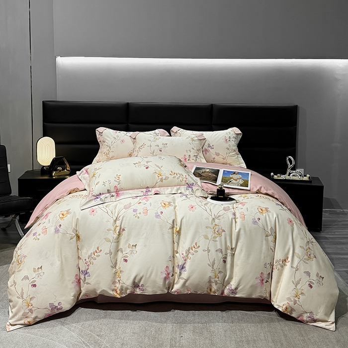 91家纺网 家纺一手货源 找家纺 2024新款A类全棉磨毛数码印花系列四件套 美兮浅香粉