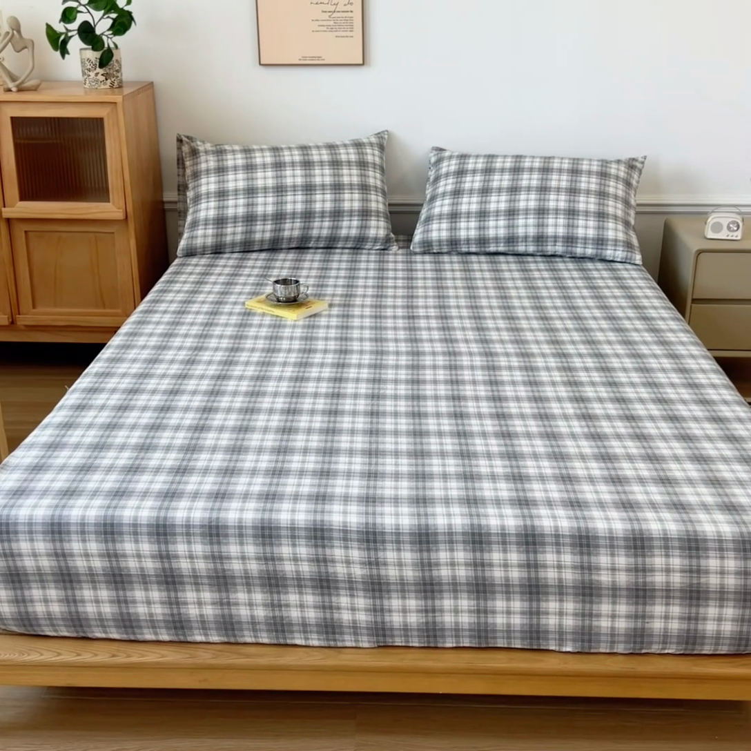 91家纺网 家纺一手货源 找家纺 多品 2024新款水洗棉皱皱纱单品床笠 简约格