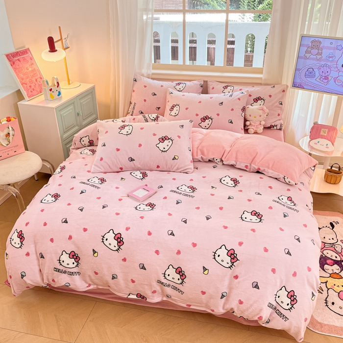 91家纺网 家纺一手货源 找家纺 2024新品正版三丽鸥授权卡通加厚高克重牛奶绒系列四件套 绒三丽鸥-粉心甜筒kitty