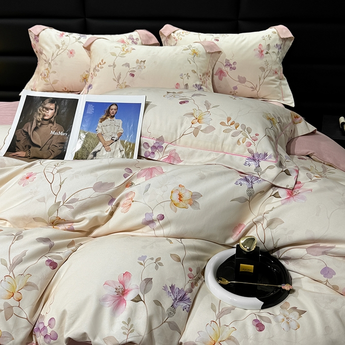 91家纺网 家纺一手货源 找家纺 2024新款A类全棉磨毛数码印花系列四件套 美兮浅香粉