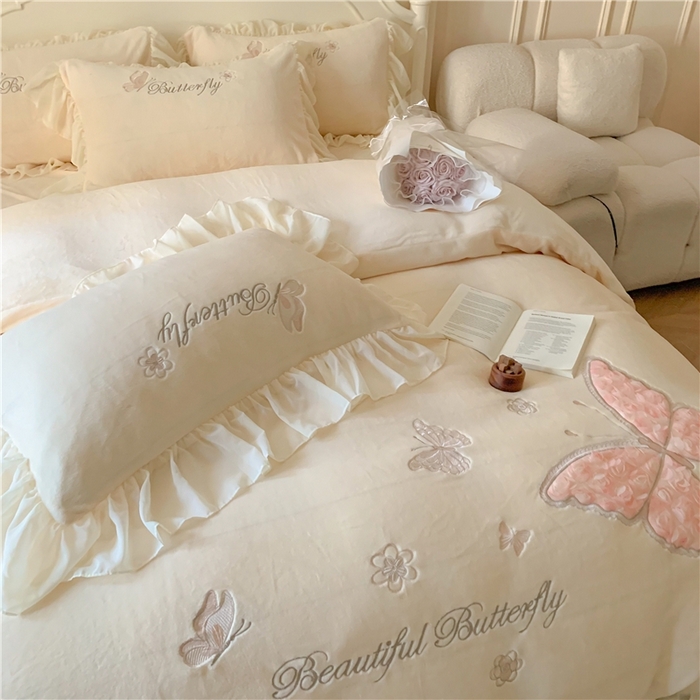 91家纺网 家纺一手货源 找家纺 富盛家纺 2024新款牛奶绒立体刺绣四件套韩版公主风四件套-翩翩起舞 5翩翩起舞—柠檬黄