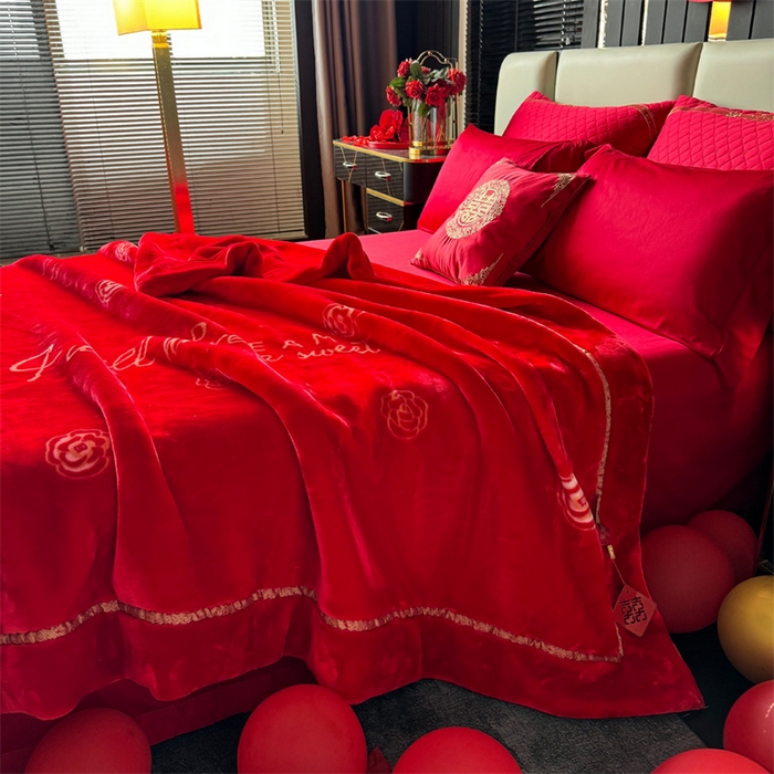 91家纺网 家纺一手货源 找家纺 2024新款婚庆双层高密云毛毯毯子 花田喜事