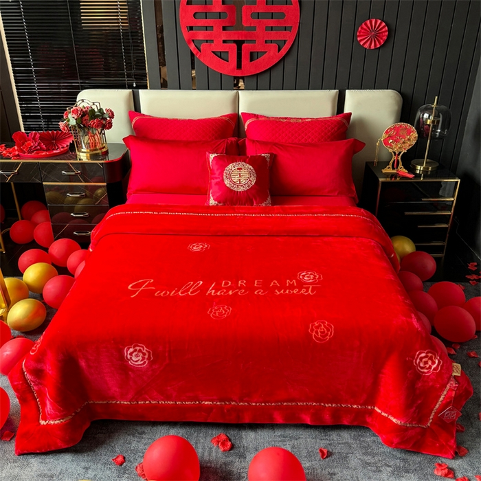 91家纺网 家纺一手货源 找家纺 2024新款婚庆双层高密云毛毯毯子 花田喜事