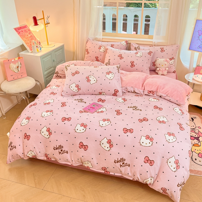 91家纺网 家纺一手货源 找家纺 2024新品正版三丽鸥授权卡通加厚高克重牛奶绒系列四件套 绒三丽鸥-点点kitty