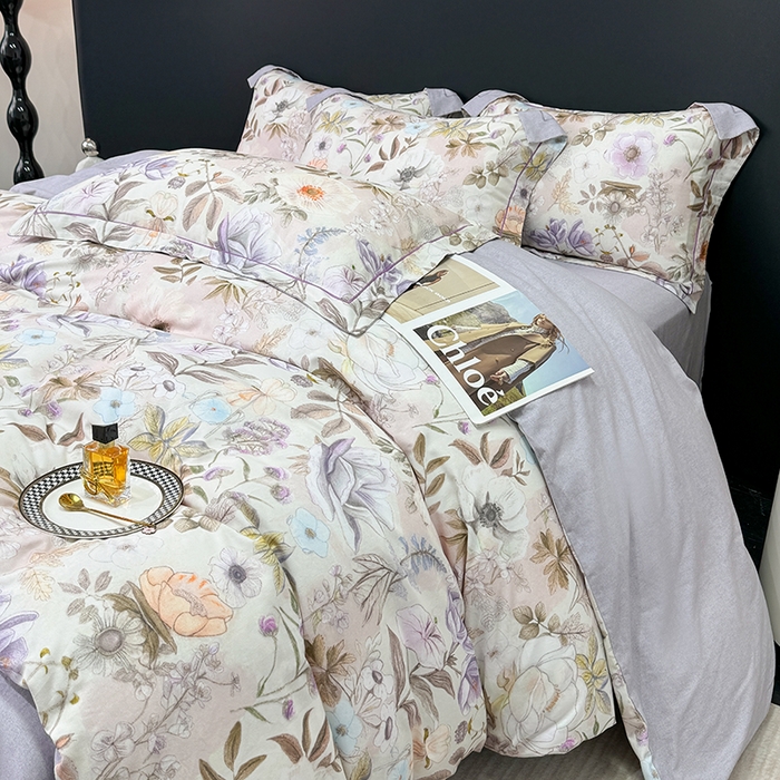 91家纺网 家纺一手货源 找家纺 2024新款A类全棉磨毛数码印花系列四件套 热恋花季灰