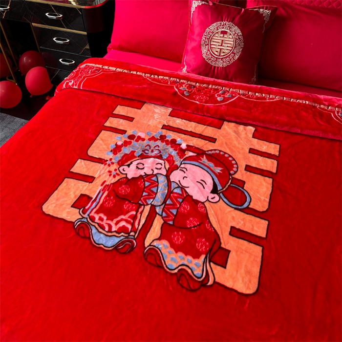 91家纺网 家纺一手货源 找家纺 2024新款婚庆双层高密云毛毯毯子 喜从天降