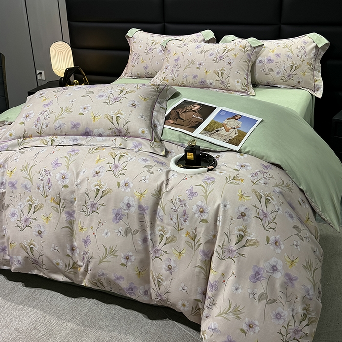 91家纺网 家纺一手货源 找家纺 2024新款A类全棉磨毛数码印花系列四件套 唯有暗香灰