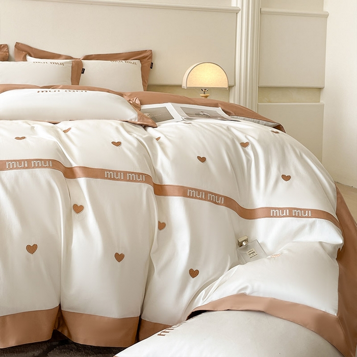 91家纺网 家纺一手货源 找家纺  2024新款A类母婴级100支长绒棉四件套全棉纯棉轻奢拼接刺绣床单床笠款高端床上用品 可卡棕