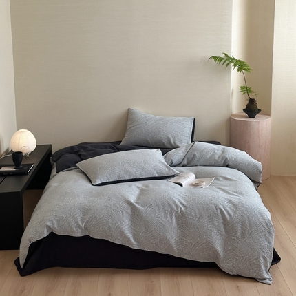 91家纺网 家纺一手货源 找家纺 梦享生活家居 2024新款全棉A类色织大提花四件套 提花叶语灰