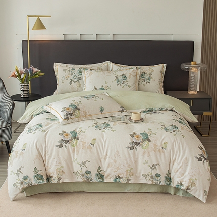 2024新款全棉加厚长绒棉数码印花四件套 安娜花园-米