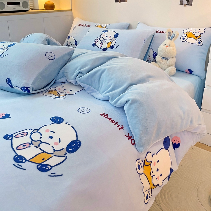 91家纺网 家纺一手货源 找家纺 西引力 2024新款加厚小清新牛奶绒四件套床单款床笠款单被套爆款 调皮狗蓝