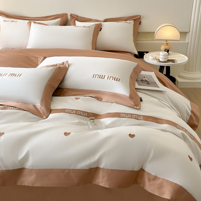 91家纺网 家纺一手货源 找家纺  2024新款A类母婴级100支长绒棉四件套全棉纯棉轻奢拼接刺绣床单床笠款高端床上用品 可卡棕