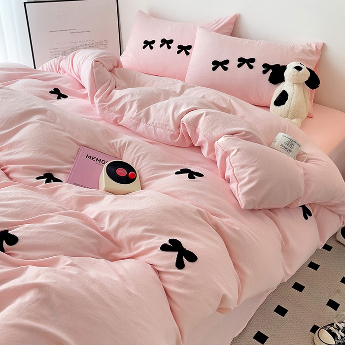 91家纺网 家纺一手货源 找家纺 森璐家纺 2024新款1水洗棉毛巾绣四件套蝴蝶结学生宿舍三件套（含买家秀） 蝴蝶结-粉色