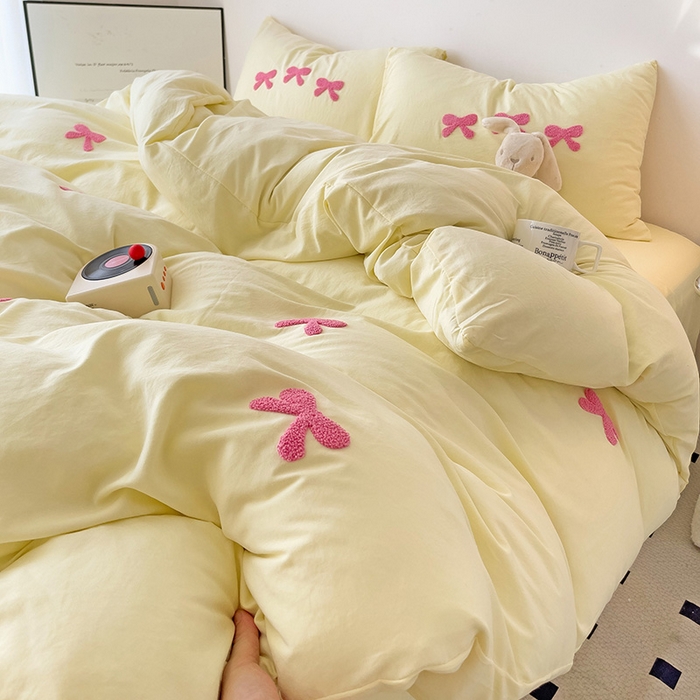 91家纺网 家纺一手货源 找家纺 森璐家纺 2024新款1水洗棉毛巾绣四件套蝴蝶结学生宿舍三件套（含买家秀） 蝴蝶结-黄玫