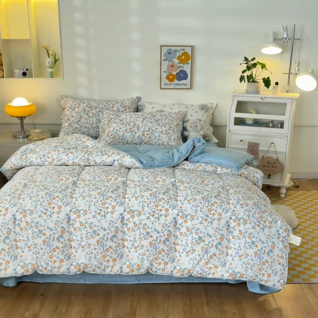 91家纺网 家纺一手货源 找家纺 帕拉美拉 2025新款100%全棉小清新立体冬被学生被子被芯 花香谷桔