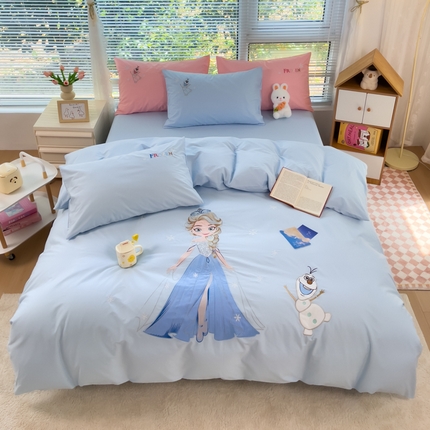 91家纺网 家纺一手货源 找家纺 昊川家纺 2025新款A类全棉水洗棉高密毛巾绣四件套 艾莎-蓝