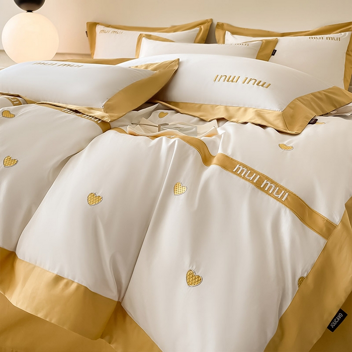 91家纺网 家纺一手货源 找家纺 爱妮菲 2024新款A类母婴级100支长绒棉四件套全棉纯棉轻奢拼接刺绣床单床笠款高端床上用品 琉璃黄